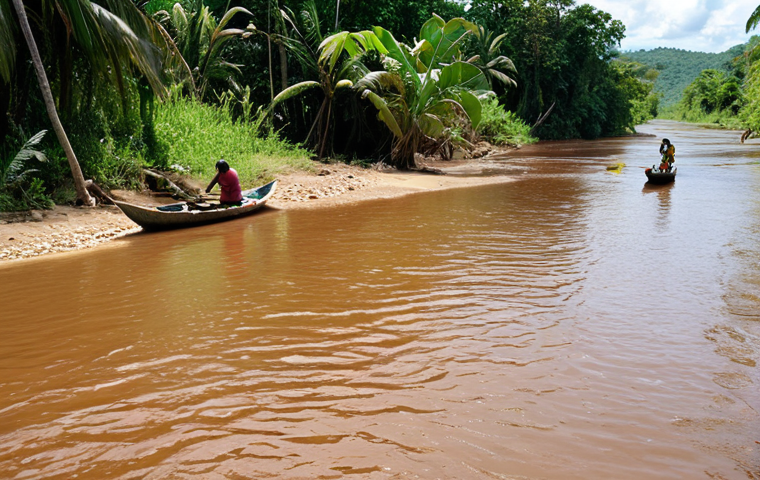 A wide, vibrant scene showcasing the Orinoco River in Venezuela. Lush greenery flanks the riverbanks, with local people engaging in traditional activities like fishing and small-scale agriculture. The image should convey both the river's beauty and its importance to the livelihoods of the communities that depend on it. Focus on the potential negative impact of neglecting the river's health.